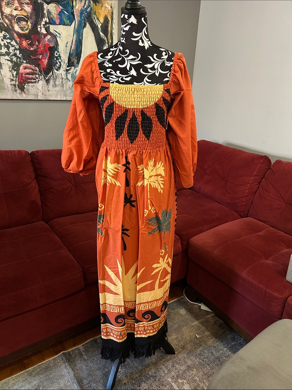 Eloquii Orange & Yellow Sunflower Smocked Maxi Dress